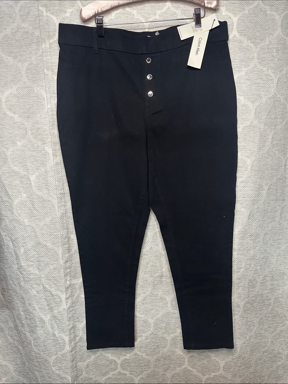 Calvin Klein Women XL Black High Rise Silver Button Fly Skinny Pants NWT